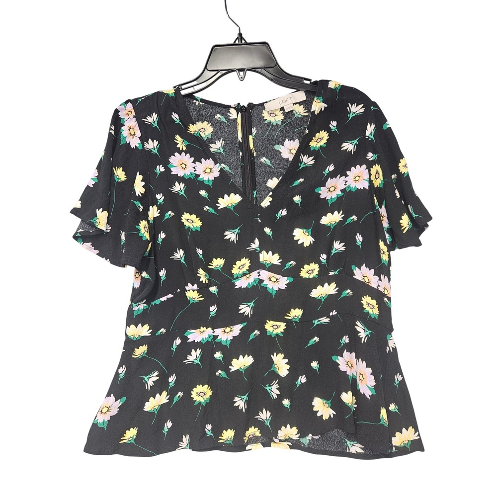 Loft Womens Black Floral Daisy V-Neck Peplum Blouse Short Flutter Sleeve Size 10